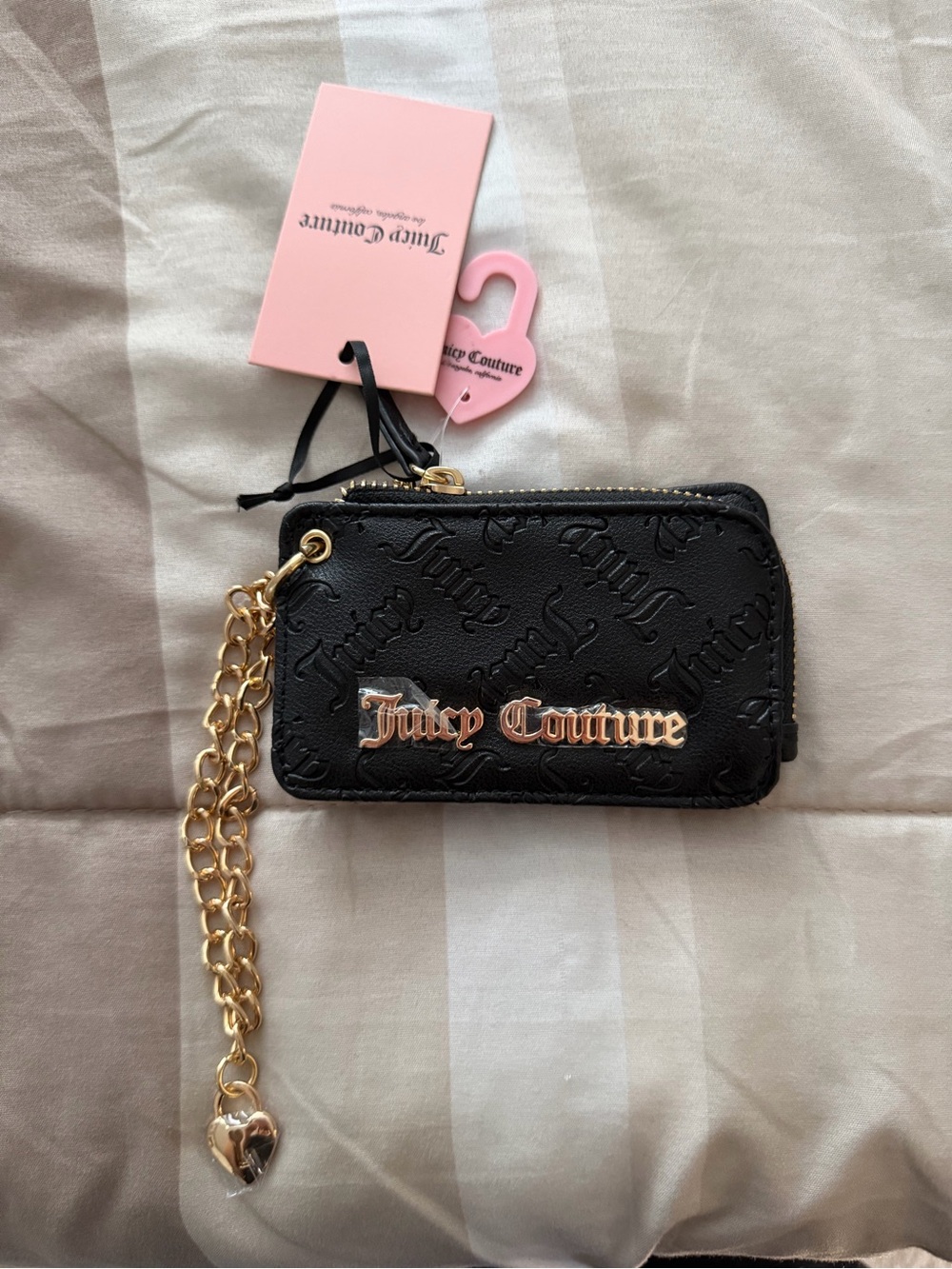 Juicy Couture Black Embossed Zip Card Case with Gold Chain Charm